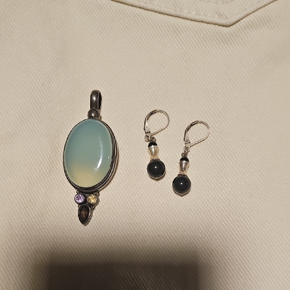 Jewelry - Elegant 925 Silver Pendant and Earring Bundle with Blue and Black Stones